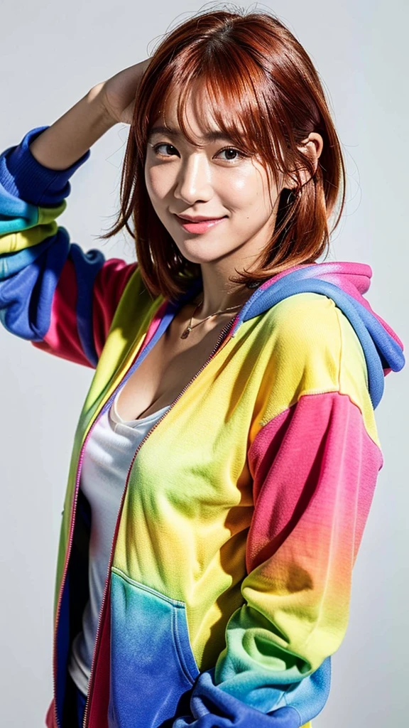 (Highest quality, 8K, 32k, masterpiece, Ultra-high resolution:1.2),Beautiful Japanese Women Photos, Rainbow clothes、Rainbow hoodie、Large Breasts, Very short bob hair,Red hair, necklace, Simple Background, From above, View your viewers,Red Hair、White background、smile、Rainbow hair color