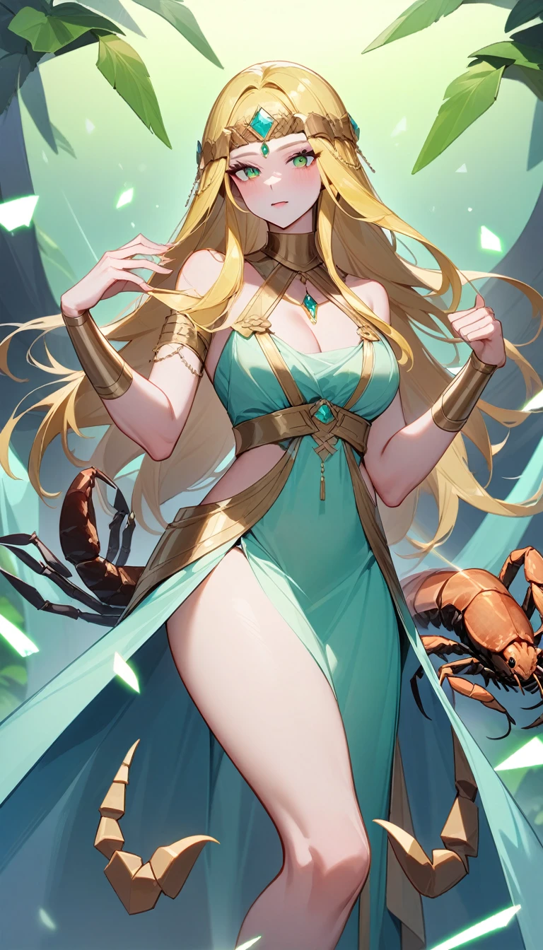 （Huang Li、high quality、Extremely detailed），Constellation - Scorpio Goddess，Huge scorpion，Woman stroking a scorpion，Similar to Latin goodness，brave，capricious，Productivity，The face of enterprising and humanitarianism，Long yellow hair，Ancient Greek costumes、Wrap Dress，Conservative clothing，The background is the universe，Crystal green eyes（Eyes Details），Powerful appearance, Correct anatomy