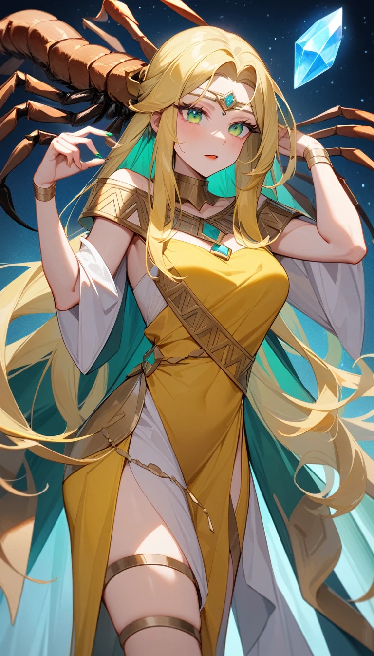 (Huang Li、high quality、Extremely detailed),Constellation - Scorpio Goddess,Huge scorpion,Woman stroking a scorpion,Similar to Latin goodness,brave,capricious,Productivity,The face of enterprising and humanitarianism,Long yellow hair,Ancient Greek costumes、Wrap Dress,Conservative clothing,The background is the universe,Crystal green eyes(Eyes Details),Powerful appearance, Correct anatomy