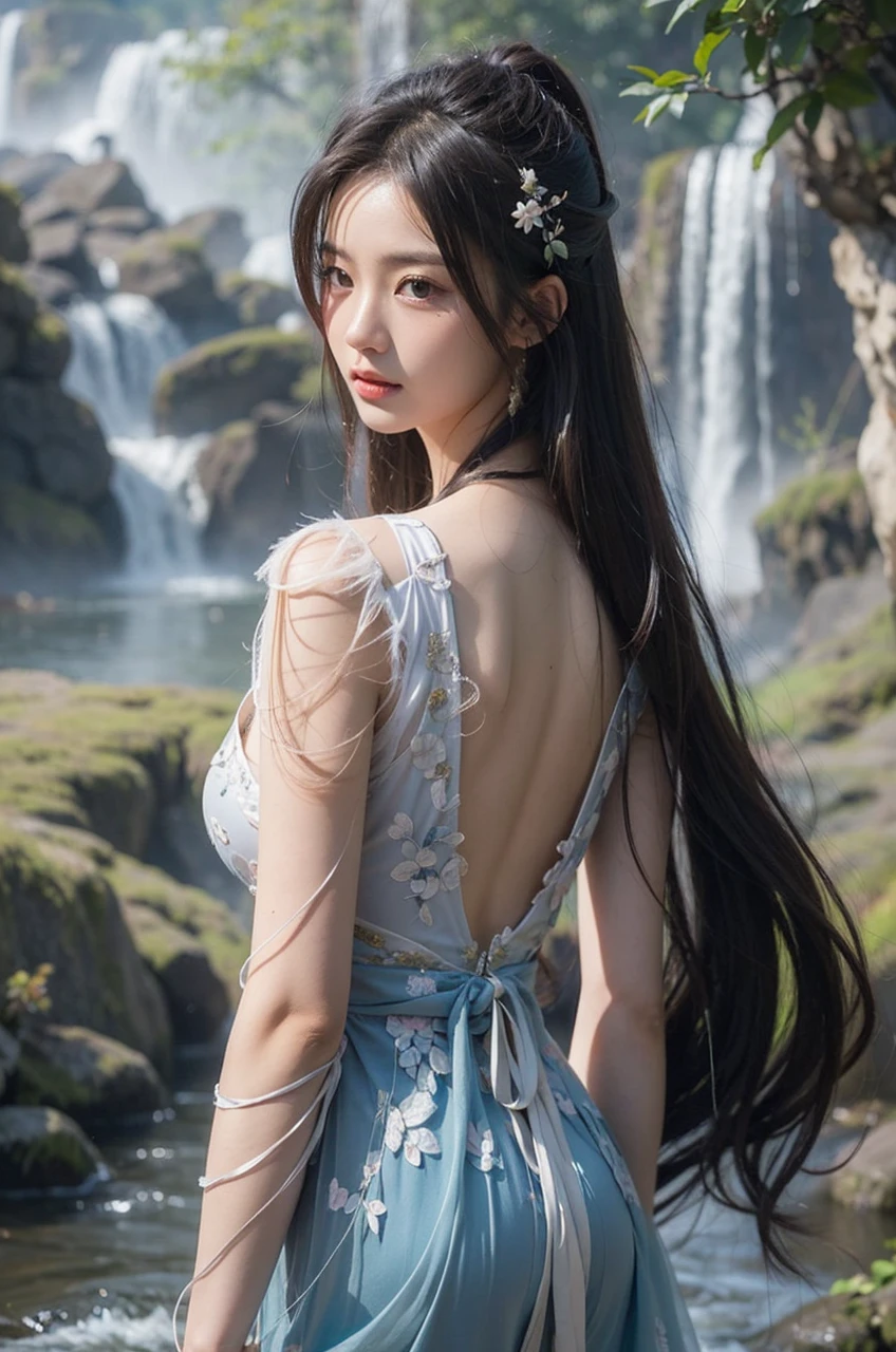 Beautiful Japanese Waifu, early 30s, brunette hair, fantasy wuxia costume, in front of waterfalls 