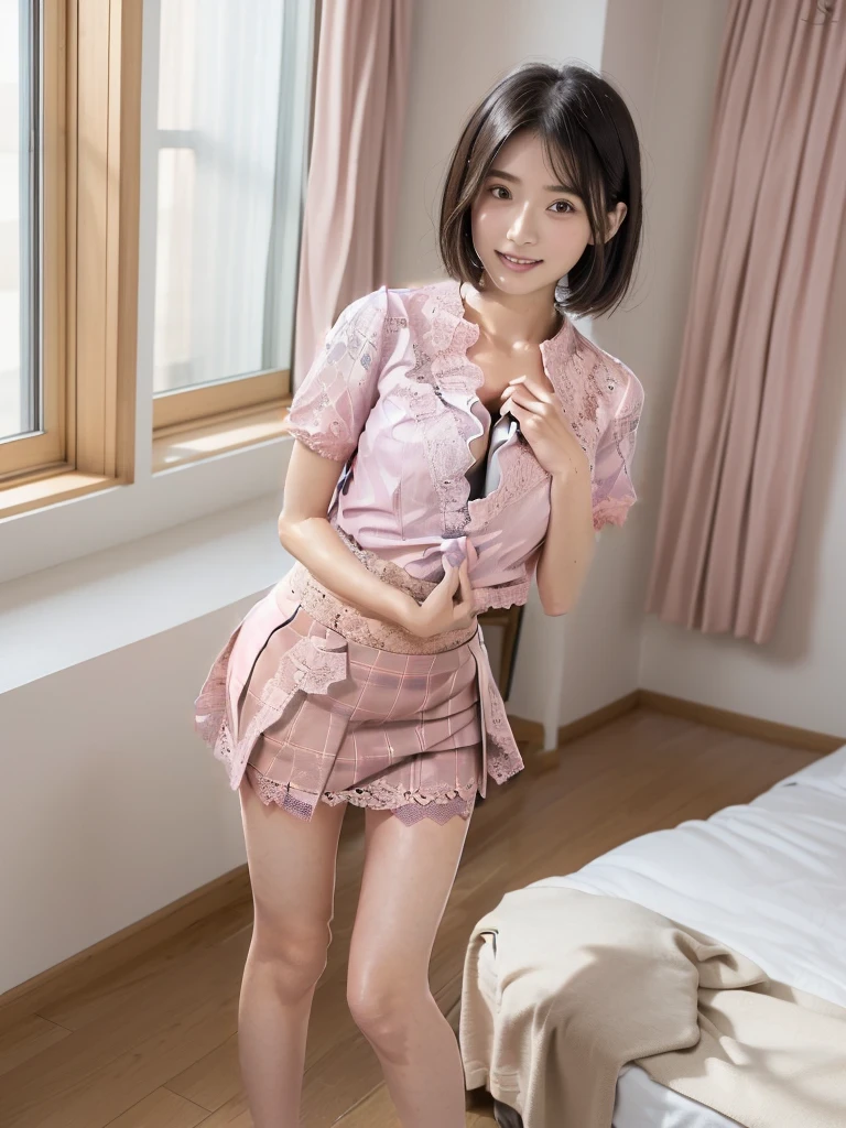 ((Pink lace short sleeve shirt、Checked Skirt、Please wear it with the chest open.:1.7))、((Girly pose 1.8))、((Full Body Shot:1.2))、((Height: 145cm))、Hands in front、Hide your hands between your legs