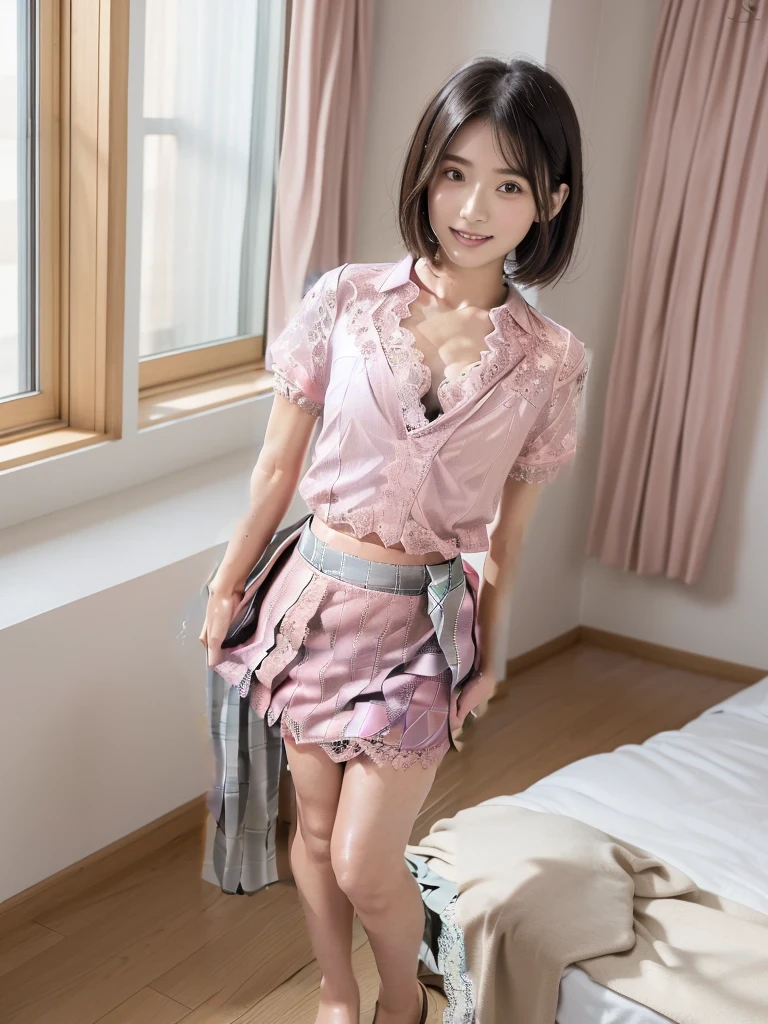 ((Pink lace short sleeve shirt、Checked Skirt、Please wear it with the chest open.:1.7))、((Girly pose 1.8))、((Full Body Shot:1.2))、((Height: 145cm))、Hands in front、Hide your hands between your legs