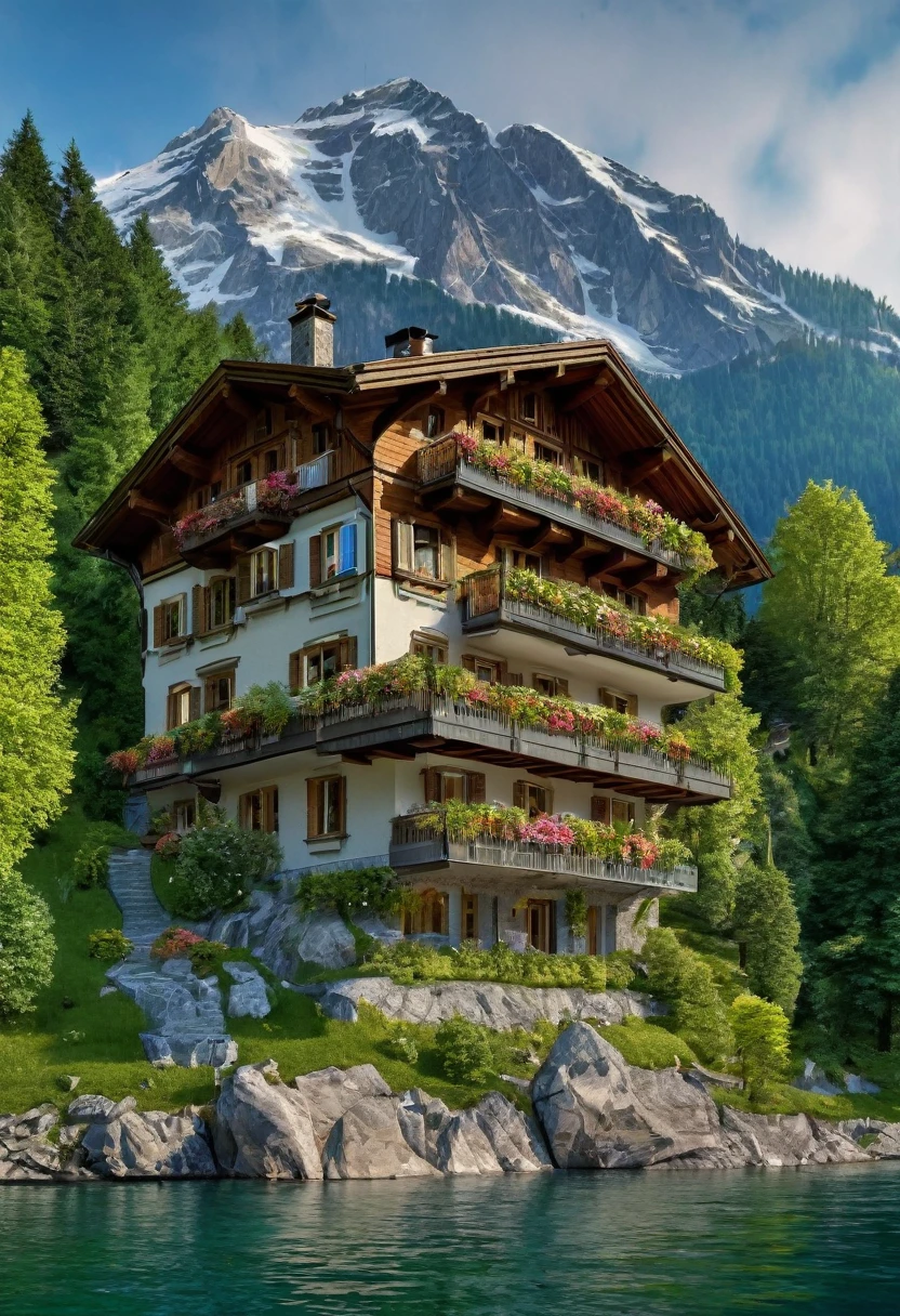 a close up of a house with a mountain in the background, lake house, beatiful house, beautiful place, build in a forest near of a lake, epic and stunning, swiss architecture, integrated in the mountains, incredibly beautiful, incredible masterpiece, setting in nature, luxury lifestyle, peaceful wooden mansion, perfectly detailed, stunning architecture, extremely beautiful, luxurious environment, stunning vista