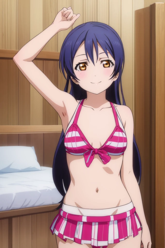 (((pixel-perfect, detail-perfect))), solo, 1girl, umi sonoda, eyes brown, smile, sauna, bikini, armpit, sauna, small filesize, ultra High Qality