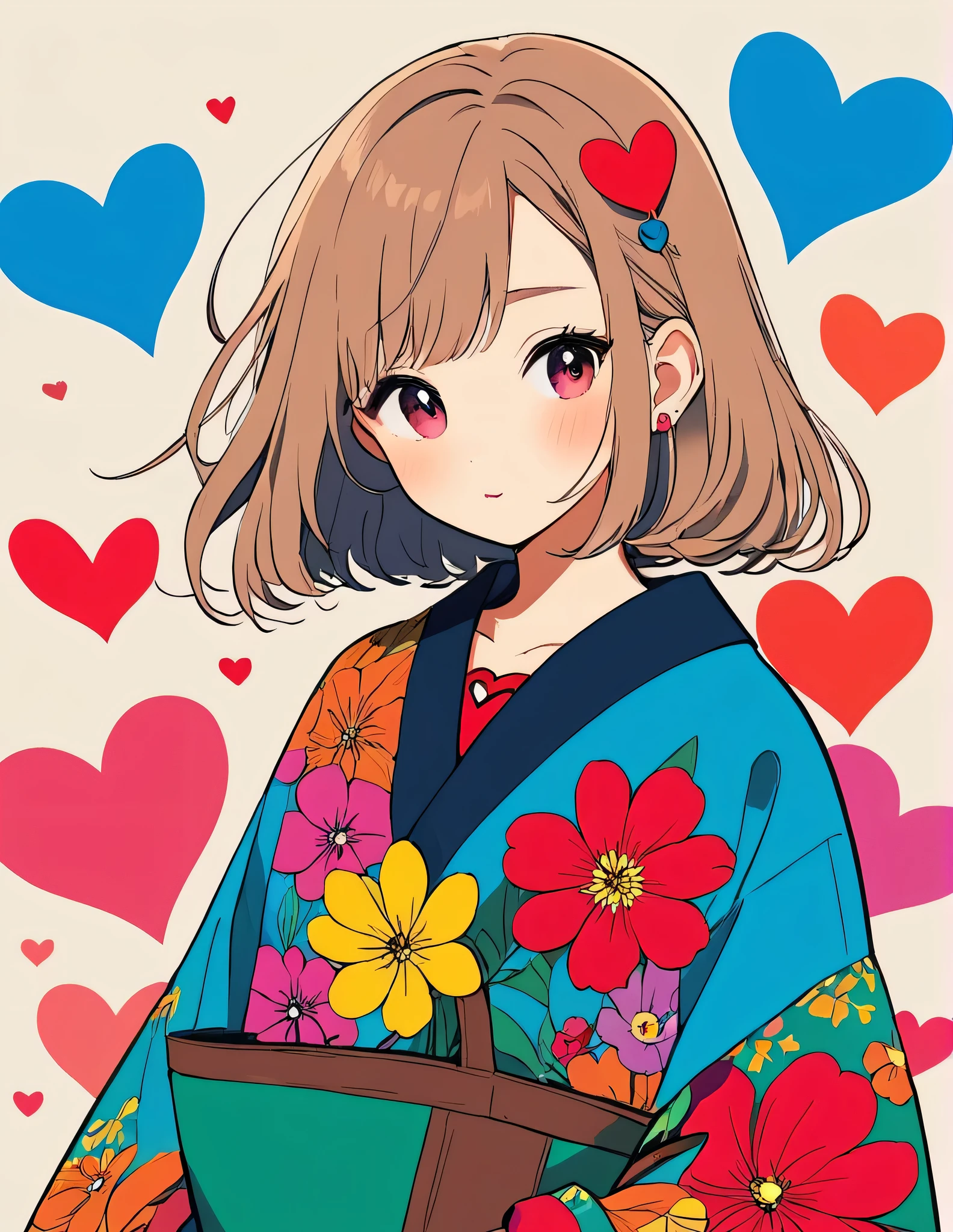 Mika Pikazo style, Simple Line Initialism,Abstract art,stylish Design, The most beautiful girl of all time、colorful hearts, colorful flowers,