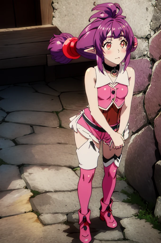 masterpiece, best quality, full body, 1girl, Young female , white scenery background, BREAK 1girl, beautifully detailed woman, blush, BREAK pink shirt, black tie, brown vest, sleeveless, ,choker, elf, long pointy ears, purple hair, red eye, hair ornament, twintails, hair tie, sexy pose, full body shot,