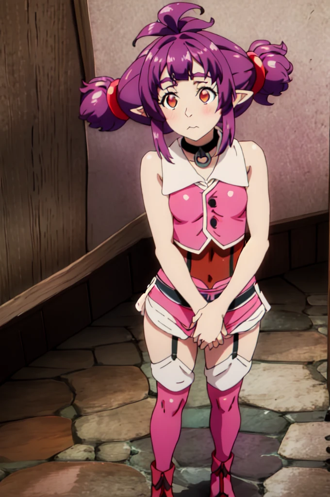 masterpiece, best quality, full body, 1girl, Young female , white scenery background, BREAK 1girl, beautifully detailed woman, blush, BREAK pink shirt, black tie, brown vest, sleeveless, ,choker, elf, long pointy ears, purple hair, red eye, hair ornament, twintails, hair tie, sexy pose, full body shot,