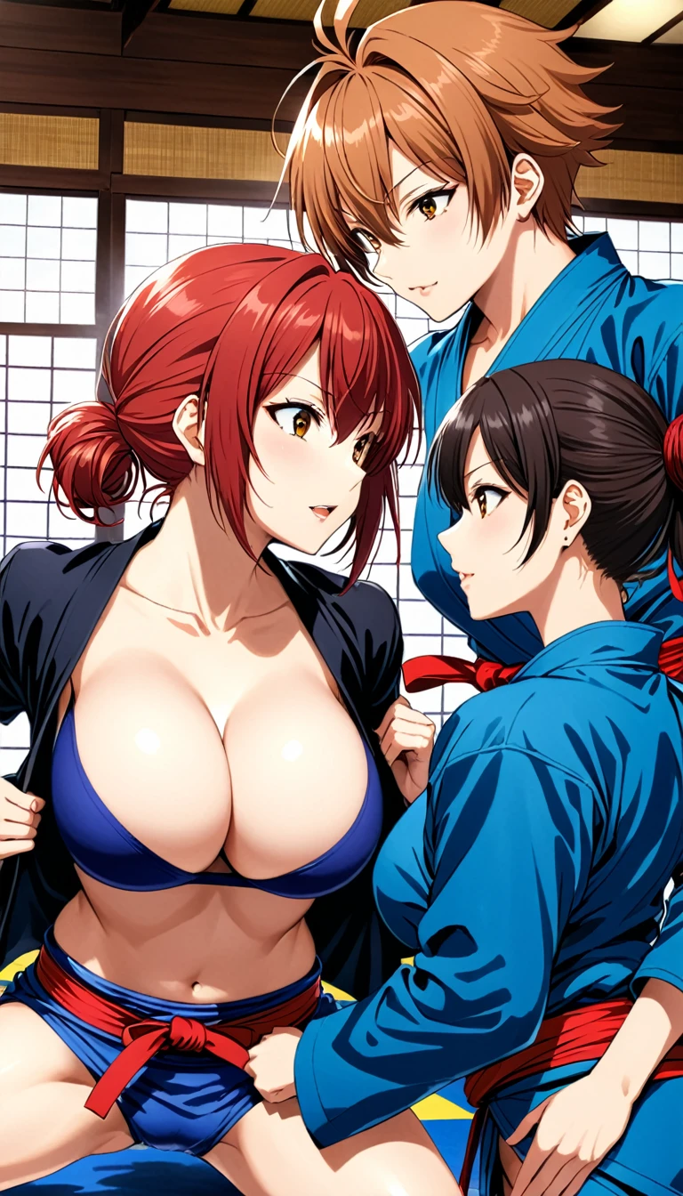 (in style of Takeshi Obata:1.3),
(+18) , (Top quality, masterpiece), Japanese personal model, colossal, Brazilian Jiu-Jitsu suit, two enchanting women, breast cleavage, dojo, image quality at the highest level, in a close and intense fight,