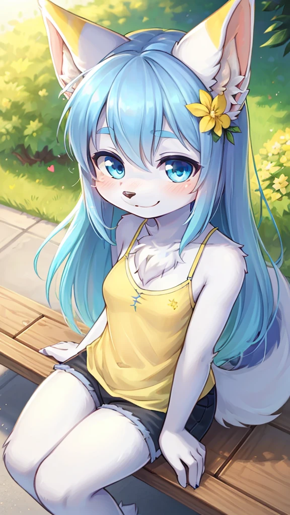 best quality,best resolution,(fluffy anthro furry :1.6),(young :1.8),cat girl,small breasts,(light blue hair),long hair,blue eyes,glistering eyes,sparkle eyes,(light blue fur),(yellow camisole :1.6),black shorts,flower hairpin,public park,sunbeam,full face blush,looking at viewer,(heart expression eyes),(heart eyes),shy face,smile,sitting,high angle