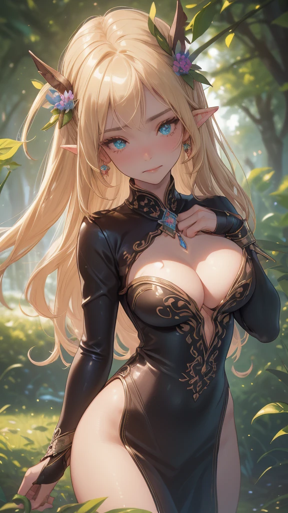 (evil villain), ( frown ) work of art, ultra creative, epic details, ultra detaild, best resolution, Woman, archer, blonde, (Beautiful nymph), ( robust wreath of leaves and pink and blue flowers), sculptural body, (brown clothes made of leather), ((perfect hands))), scenario:Enchanted Forest), no mistakes, (((epic details na face))), (((ultra perfect eyes)))