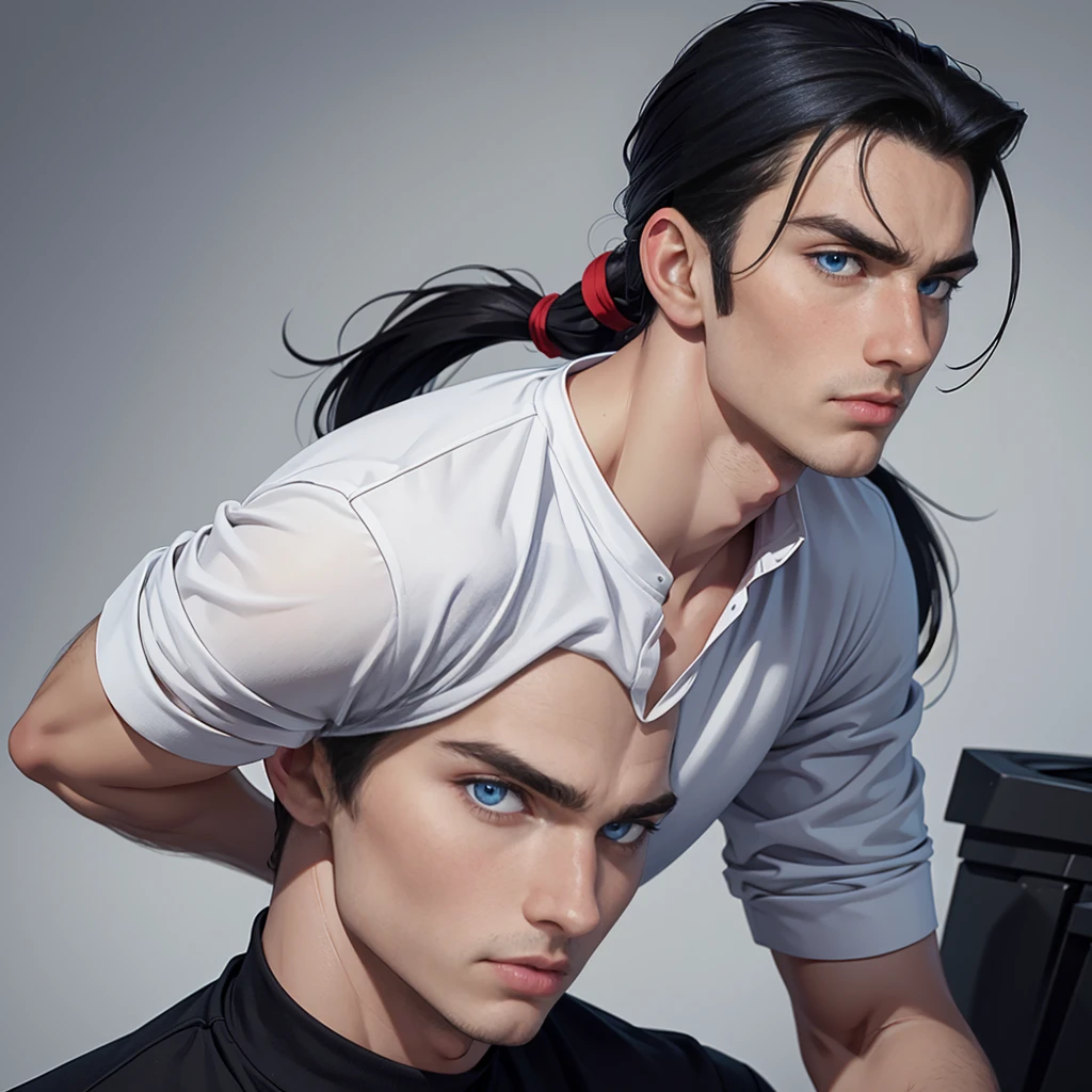masterpiece, (best quality:1.4), portrait Solo, young male, man, european, blue eyes, black hair, pony tail, pale skin, casual plain clothes, serious eyes