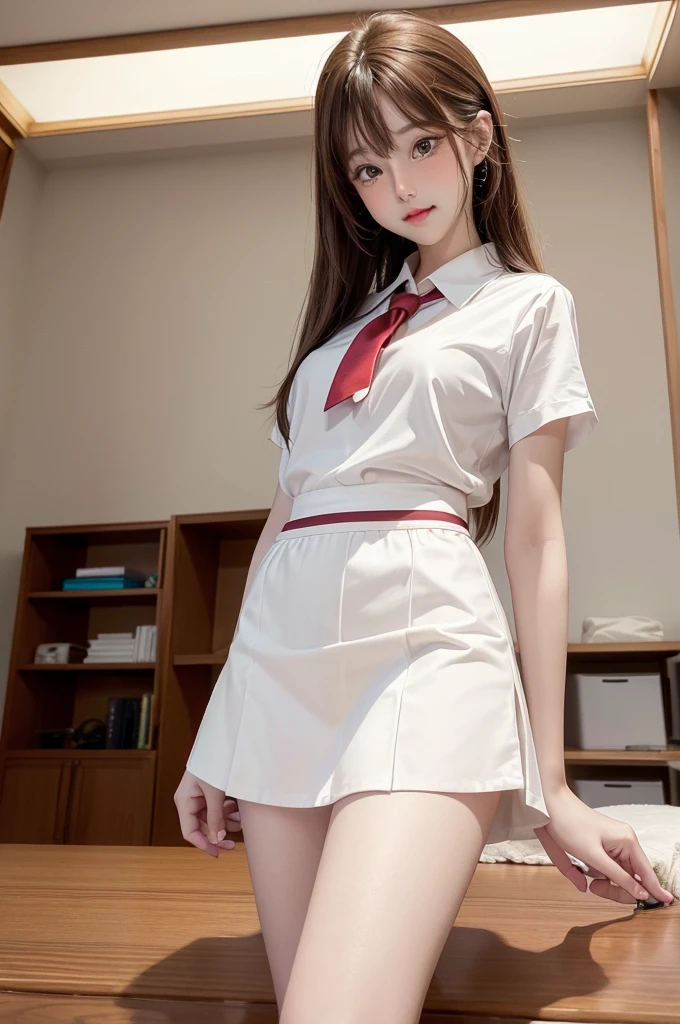 indoor, bedroom, , long hair, brown hair, brown eyes, (Perfect beautiful skin, realistic skin), Seifuku, white shirt, white panties, white socks, Focus on good fabric, sexy:1.1, (smile, Blush:1.2),  Takagi-san First Style, (Masterpiece:1.4, best quality:1.4, complicated details, height, 8K, 4K, UHD, Ultra Detailed 8K CG, Ultra high resolution, High quality texture, High quality shadow, HDR), skirt raised view, from below, lift by yourself