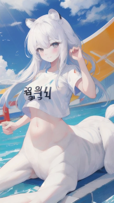 (best quality, masterpiece), 1 girl, centaur, It takes, White skin, Korean , Smiling, Athletic Competition, exposing the abdomen,belly button t-shirt, 아름다운 소녀 perfect white tiger photo, perfect white tiger photo