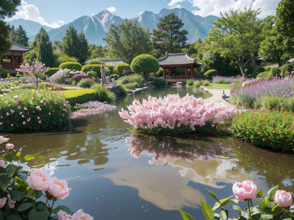 8K HD画质,Realistic scenery, 粉红的Peach BlossomTree林森林重点是很多Peach Blossom风景照8K 画质,Best quality,masterpiece,HD,Super rich detail,detailed,Many Chinese lofts have large courtyards,The yard is full of flowers,It is a rich garden,There are roses in the garden,Moonflower,Jasmine,Peach Blossom,club,apricot,chrysanthemum,Peony,Lavender,Cherry blossoms,Pomegranate flowers, ETC,A wide variety of flowers,All flowers are planted in one garden,There is also river water in the garden,Creek,pond,lake,Lake,Rios,J,Everything in the same picture,Lifelike,The picture is very realistic,Very real,The vegetable garden was neat inside,There are mountains and water in the distance,sky sky,cloud,Tree。Country Road。Industrious people grow flowers,The picture is very warm,HD,The picture is realistic,Strong realism,The focus is on the garden castle as well as the river,Images are colorful,High contrast,There is only one scene,No split screen,Do not crop the image,Keep the picture rich and complete