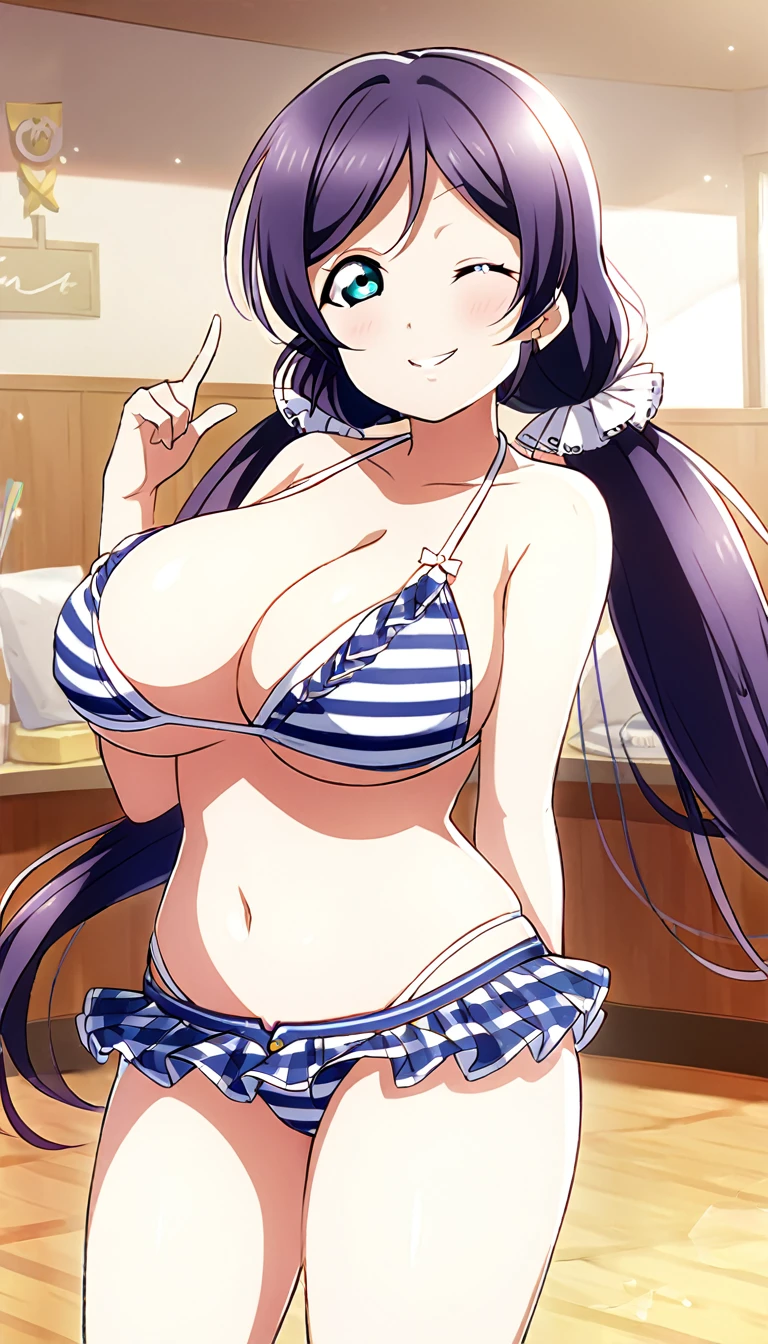 16k,8k,4k , score_9, score_8_up, score_7_up, source_anime, rating_safe, id_nozomi_tojo,bikini,(((big breast))),finger smile,one eye closed,thick thighs, 