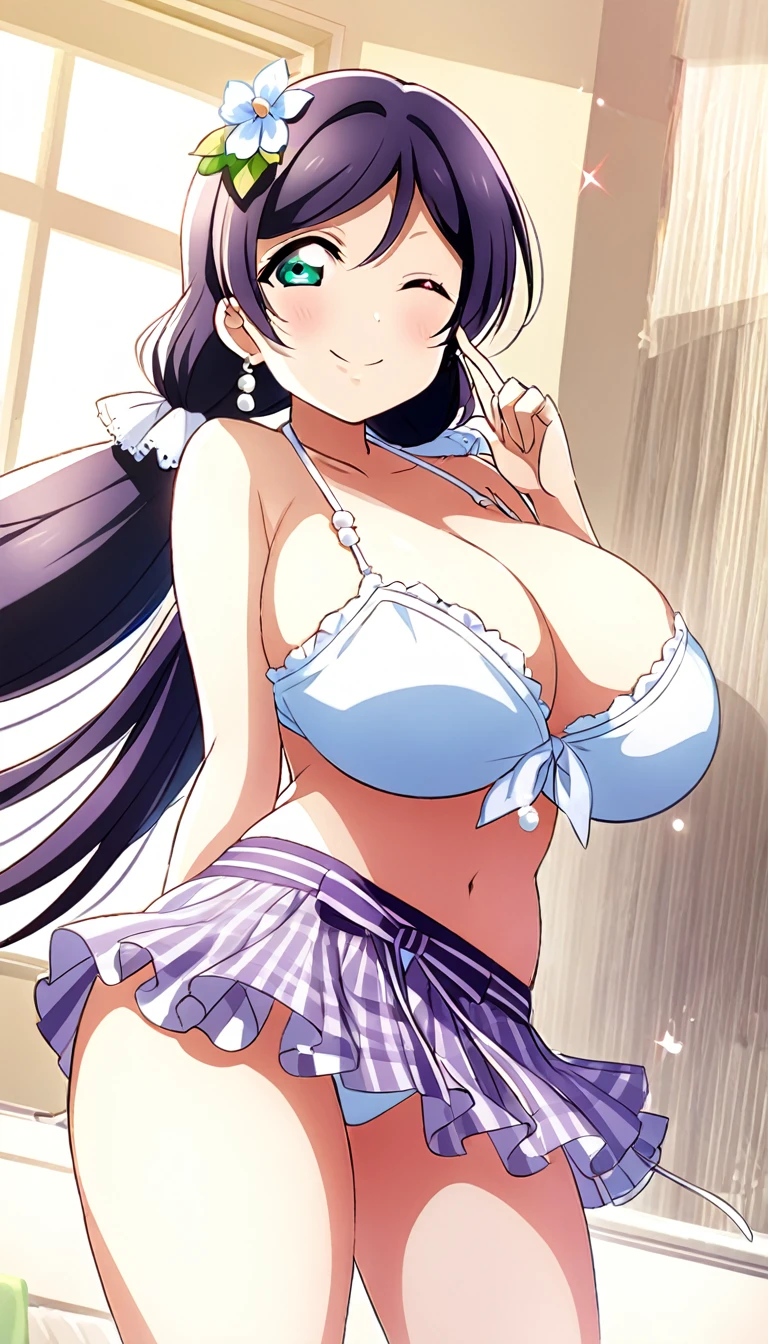 16k,8k,4k , score_9, score_8_up, score_7_up, source_anime, rating_safe, id_nozomi_tojo,bikini,(((big breast))),finger smile,one eye closed,thick thighs,