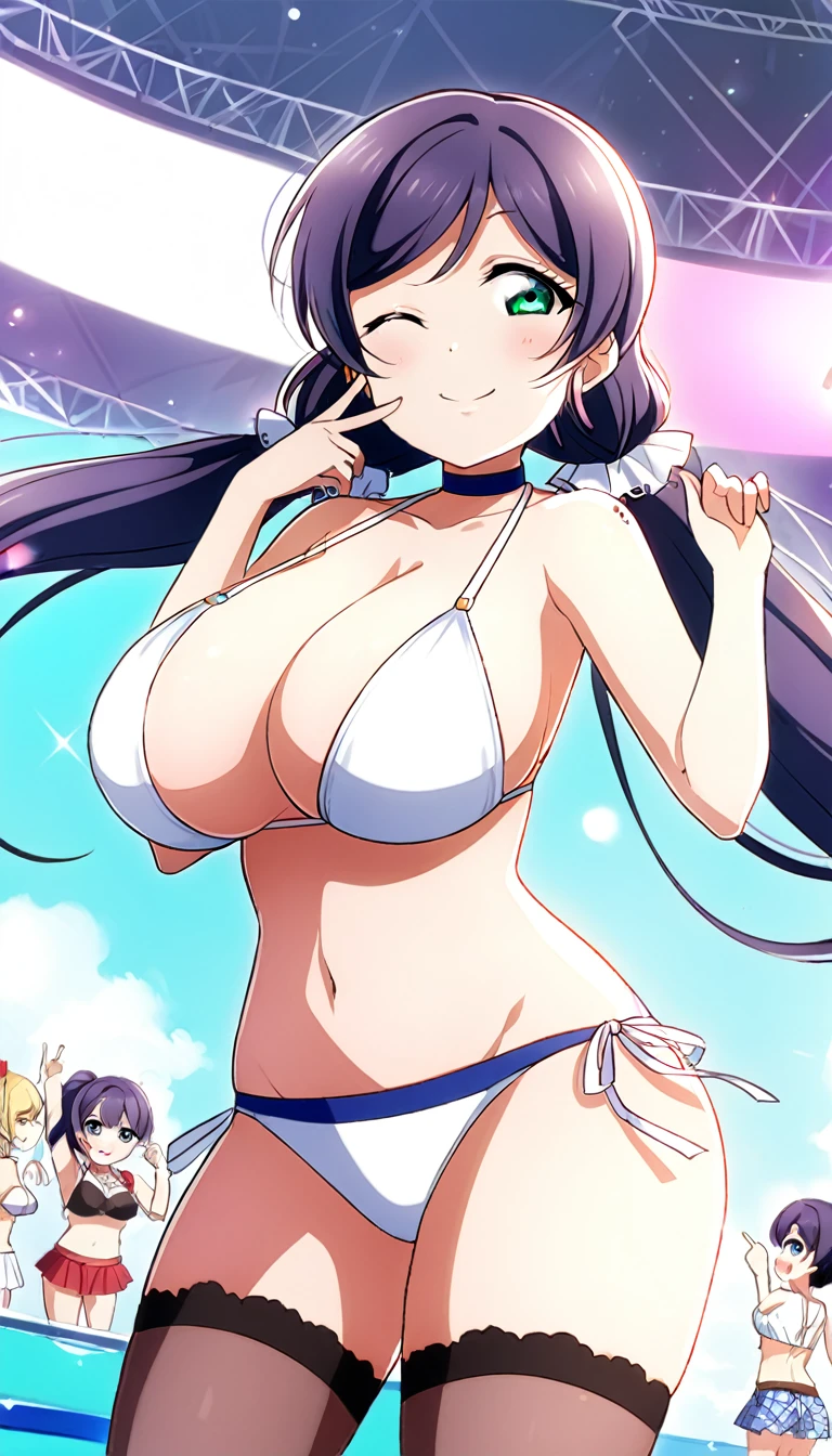 16k,8k,4k , score_9, score_8_up, score_7_up, source_anime, rating_safe, id_nozomi_tojo,bikini,(((big breast))),finger smile,one eye closed,thick thighs,