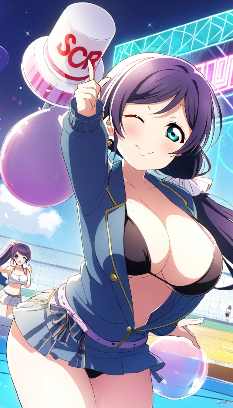 16k,8k,4k , score_9, score_8_up, score_7_up, source_anime, rating_safe, id_nozomi_tojo,bikini,(((big breast))),finger smile,one eye closed,thick thighs,