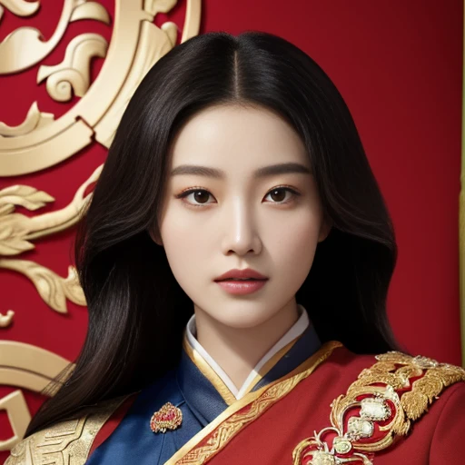 Arafed portrait of a woman in a red uniform, queen of the sea Mu Yanling, Empress of China, Order of Akira, Chinese princess, portrait of the empire, Empress Kazakh, traditional chinese, The girl who played the role of Genghis Khan, royal portrait, palace ， girl in hanfu, Inspiration from Min Zhen, emperor, in military uniform
