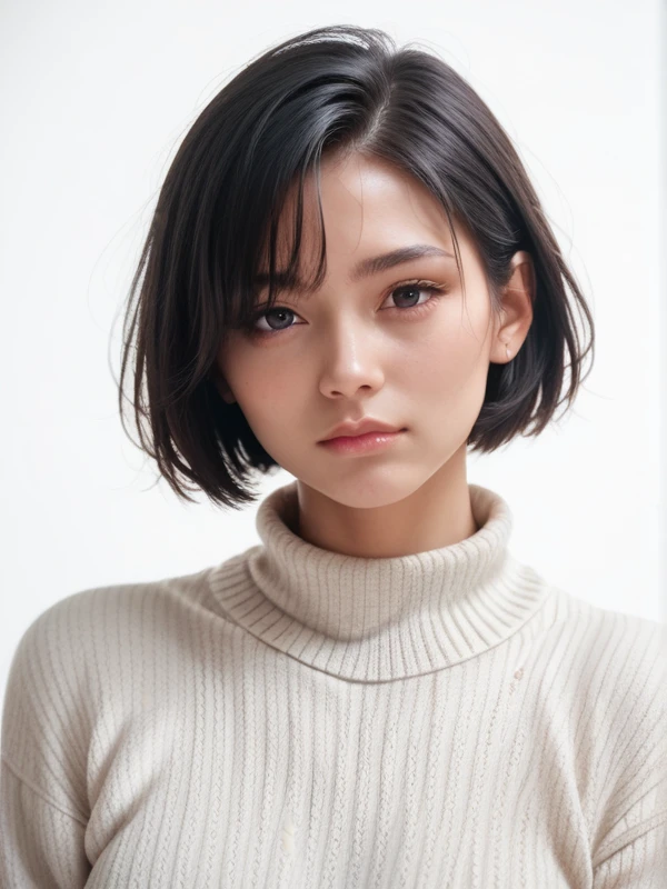 ,score_9,score_8_up,score_7_up, 15 years old, 8k, hd, beautiful girl, black hair, short hair, straight hair, closed mouth,
1girl, detailed face, beautiful woman's face, sweater, white background, looking at viewer,