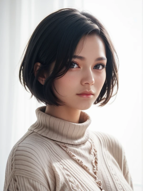 ,score_9,score_8_up,score_7_up, , 8k, hd, beautiful girl, black hair, short hair, straight hair, closed mouth,
1girl, detailed face, beautiful woman's face, sweater, white background, looking at viewer,