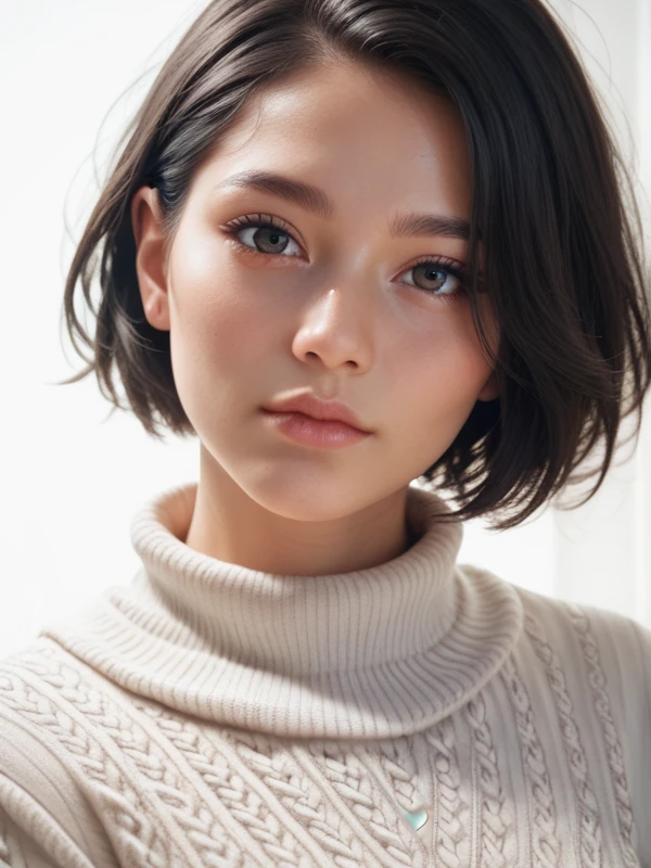 ,score_9,score_8_up,score_7_up, , 8k, hd, beautiful girl, black hair, short hair, straight hair, closed mouth,
1girl, detailed face, beautiful woman's face, sweater, white background, looking at viewer,