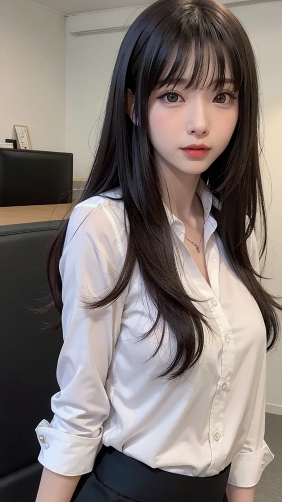 Bright expression、Photorealistic Stick:1.32、Highest quality、Ultra-high resolution、Photos of the most beautiful Japan girls、Cute and beautiful facial details、Small face、(Dealing with the Children_v1:0.008)、美しいbangs、29-year-old、Glowing White Skin、Hair gets tangled in the face、顔まで伸びるbangs、bangs、Hair between the eyes、胸下までのびるLong Hair、Wavy long hair、Silky hair of attractive black color、Bright room、Clear beige eyes shine charmingly、Super big breasts、Nipples are visible through the、Natural five-finger、Put your hands on your face、Pink puckered lipstick、Light pink eyeshadow、Pink blush、Blue skin tone、Landmine Makeup、Beautiful bunch of eyelashes、Highest quality、((Cute Girls))、29-year-oldの女性、In a white office、((Wearing a white shirt and a tight black skirt that reveals her underwear、:1.3))、(Long Hair:1.4)、(Nice and cute、Troubled expression、Wavy long hair、Tight waist、Beautiful eyes in every detail、Other shoots、whole body、Chest close-up、Hug a man
