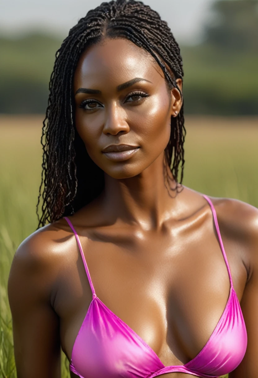  high quality  celebrity  Erotic  photo of a extremely hot nigerian woman, gorgeous stunning woman , sexy, wearing a pink silk bikini , 40yo woman ( , grass land  side ,  flat chest, fleshy body,tall, armpit hair, wide palvis, gracefull erotic pose,seductive smirk, longdarknhair, show full body ,erotic lighting , exhausted expression,  photorealistic , celebrity , random click, woman )  shiny sweaty skin , sexualized move, erotic angles,  flat breast , celebrity erotic photograph , shiny sweaty skin ,  ( natural photorealistic lights, depth of field, detailed face , insanely detailed skin texture, hyper detailed features )