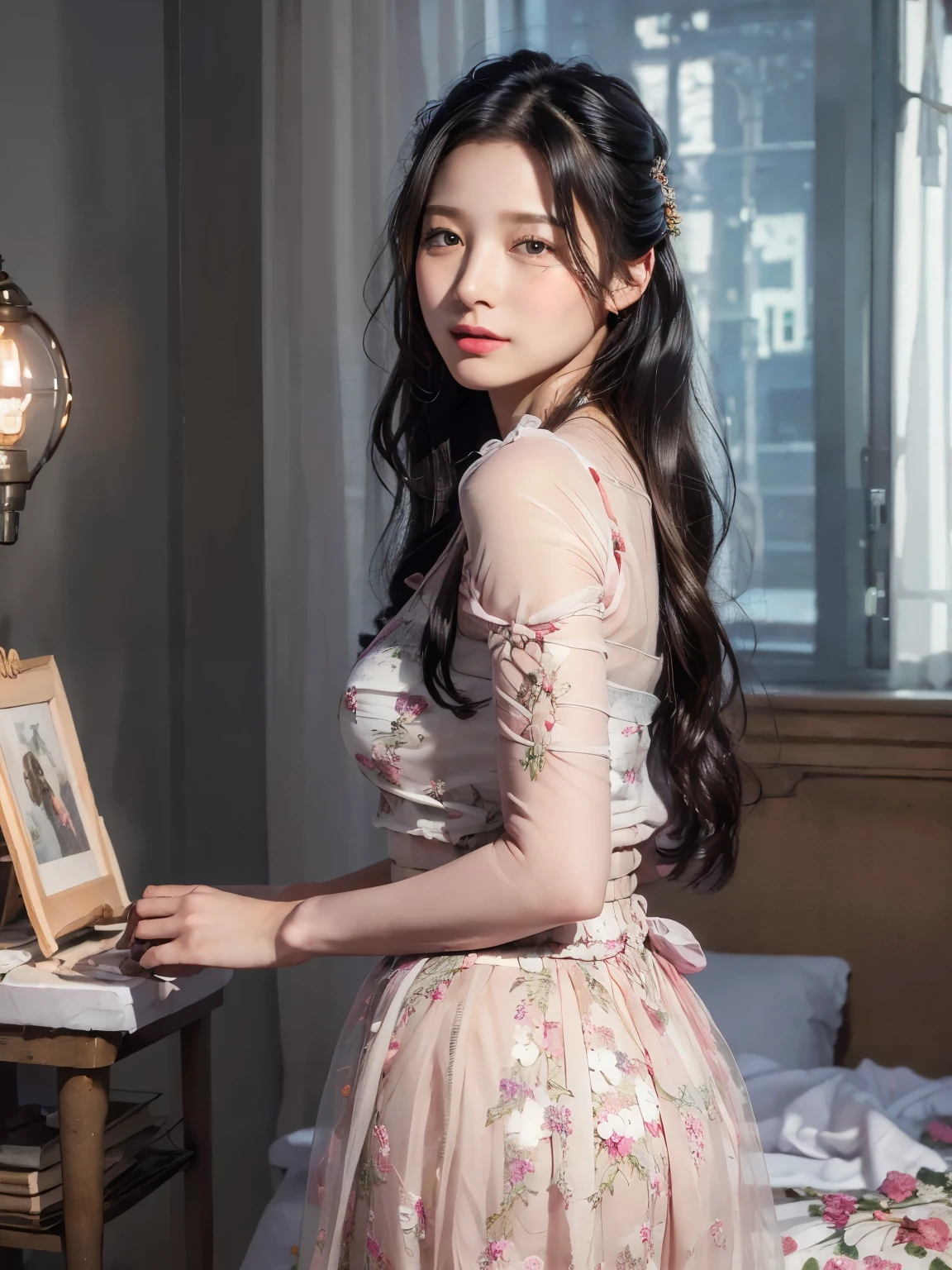 (((masterpiece))), (((best quality: 1.4))), ((Very detailed: 1.4)) , ((real:1.4)), A girl,(Bright Lights,Romantic atmosphere),Fantasy Background,,Black Hair, enchanting, , soft skin, enchantingな美しさ, art portrait, High-quality images, Vibrant colors,Pink Floral Long Sheer Skirt, mosquito net, Romantic bedroom, Side suspension,solo,Blindfolded,