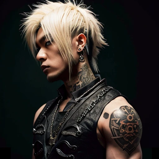 1 man, Japanese man, male, Asian eyes, muscular, broad shoulders, yakuza tattoos, hairstyle Visual Kei style, hair Visual Kei, black men's shirt and black pants, ultra detailed face, hyperrealistic, realistic representation, long hair, long hair, 30 years old, age 30 years, blonde hair