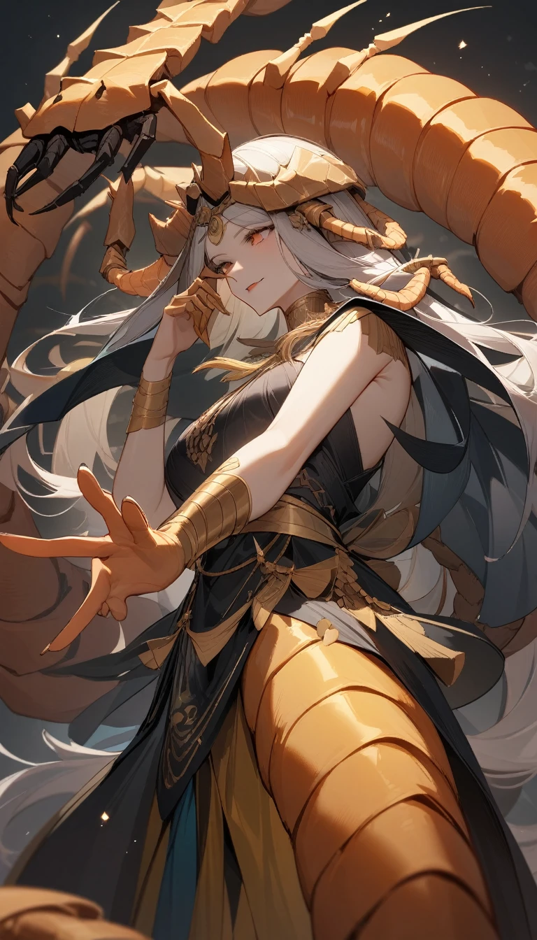 （Huang Li、high quality、Extremely detailed），Constellation - Scorpio Goddess，Giant scorpion tail，Woman stroking a scorpion&#39;s tail，Similar to Latin goodness，brave，capricious，Productivity，The face of enterprising and humanitarianism，Long yellow hair，Ancient Greek costumes、Wrap Dress，Conservative clothing，The background is the universe，Crystal green eyes（Eyes Details），Powerful appearance, Correct anatomy