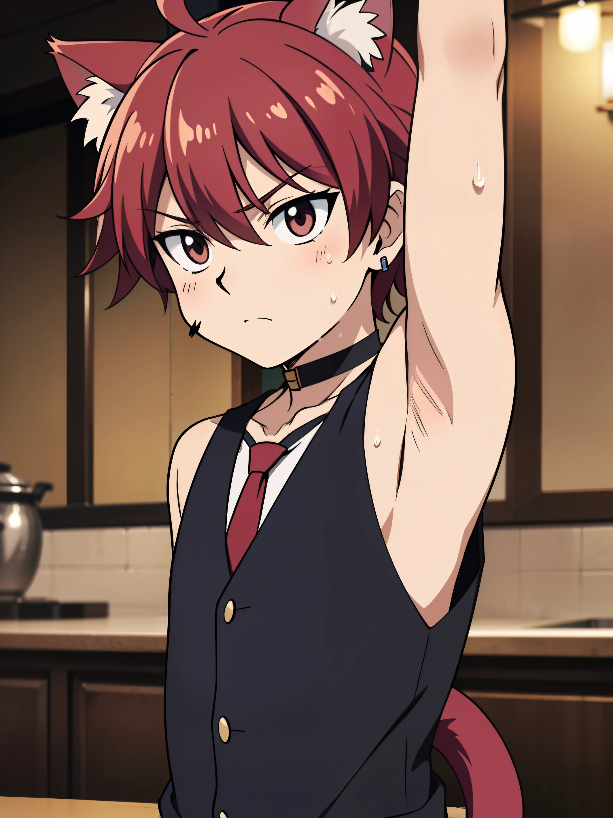 Highres, Masterpiece, Best quality at best,Best Quality,hight quality, hight detailed, Anime style, (little boys), (Showing armpit:1.3), Red hair, fluffy hair, Sleeveless vest, waitwr, Tie, cafe, Earring, Bare shoulder, elbow covered, Slim body, choker, Cat ear, cat tail, upper body, sweat, Blurry beckground, (very thin body), (very young boy), (very small and short body), uhd