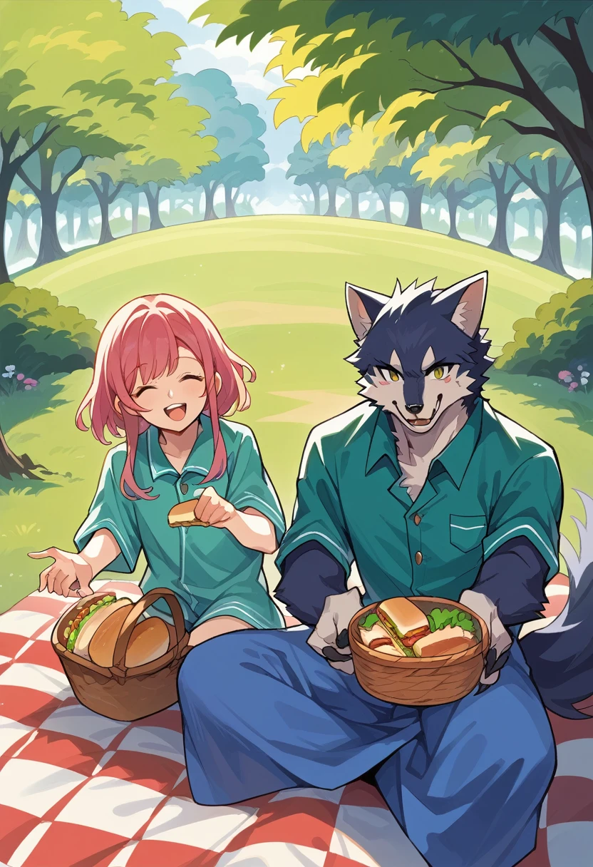 cover page, anime key visual, highres, top quality, best quality, paid reward available, High-quality illustrations, unparalleled masterpiece, perfect artwork, absurdres(heartwarming family picnic scene)(in lush green park)(kemono werewolf family with two parents of diverse descents and a )perfect anatomy, sitting on a colorful blanket, parents smiling and taking out food from a picnic basket,  reaching for sandwich, cheerful and relaxed atmosphere, bright sunny day, trees in the background, fan-created work shared on platforms Pixiv or , cinematic lighting, dynamic angle,