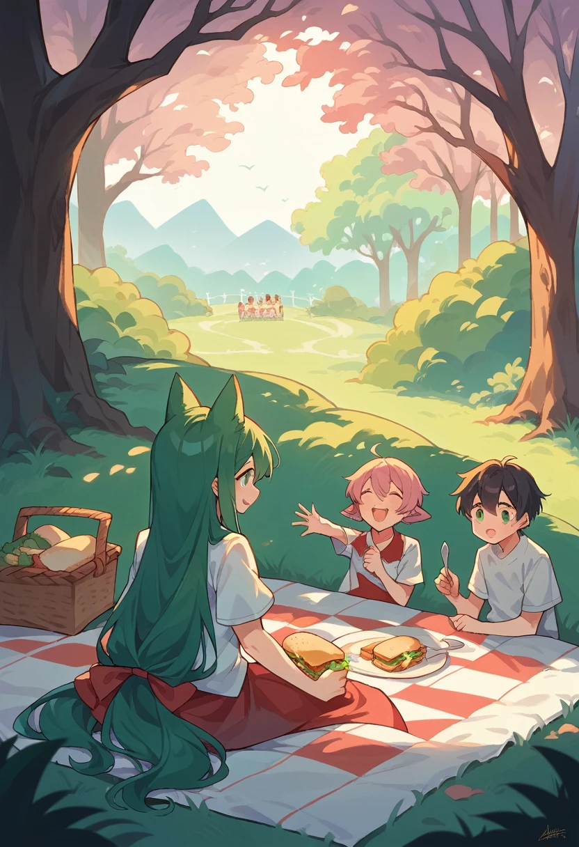 cover page, anime key visual, highres, top quality, best quality, paid reward available, High-quality illustrations, unparalleled masterpiece, perfect artwork, absurdres(heartwarming family picnic scene)(in lush green park)(kemono werewolf family with two parents of diverse descents and a )perfect anatomy, sitting on a colorful blanket, parents smiling and taking out food from a picnic basket, reaching for sandwich, cheerful and relaxed atmosphere, bright sunny day, trees in the background, fan-created work shared on platforms Pixiv or , cinematic lighting, dynamic angle,