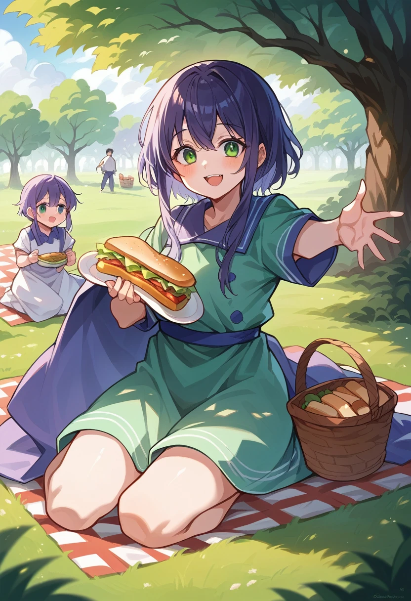 cover page, anime key visual, highres, top quality, best quality, paid reward available, High-quality illustrations, unparalleled masterpiece, perfect artwork, absurdres(heartwarming family picnic scene)(in lush green park)(kemono werewolf family with two parents of diverse descents and a )perfect anatomy, sitting on a colorful blanket, parents smiling and taking out food from a picnic basket, reaching for sandwich, cheerful and relaxed atmosphere, bright sunny day, trees in the background, fan-created work shared on platforms Pixiv or , cinematic lighting, dynamic angle,