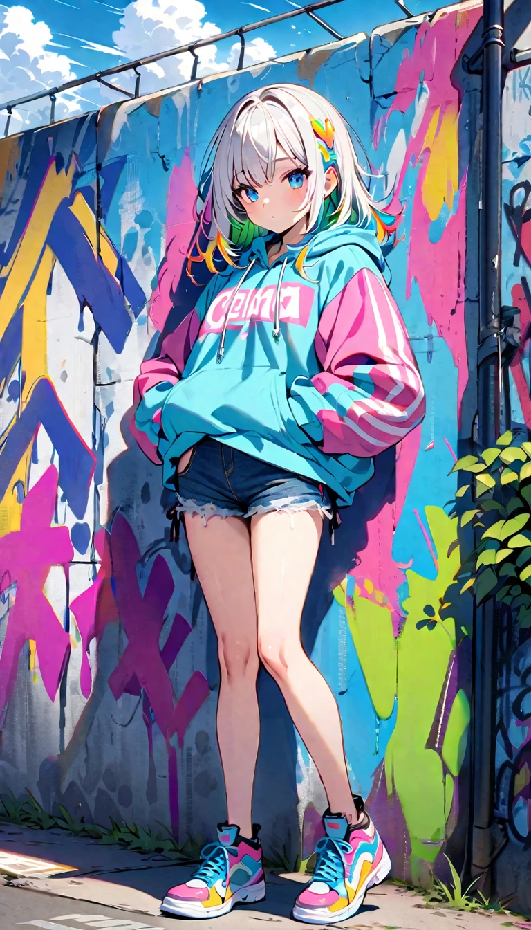 HD 8k Handsome sexycute, Solitary, 1 female, Medium Length Hair, white hair, Rainbow hair, blue Eyes, Rainbow headphone, hoodie, colored hoodie, denim shorts, sneakers, Human focus, outdoor, blue sky, White clouds, graffiti wall,