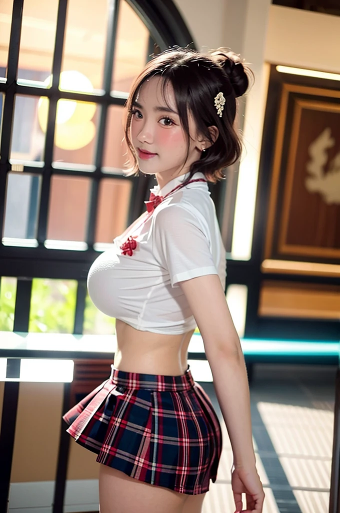 masutepiece, Best Quality, (Realistic, Photorealsitic), Raw photo, the Extremely Detailed CG Unity 8K Wallpapers, extremely delicate and beautiful, finely detail,  Extremely detailed,1 Cute High School Girl,(small tits),Beautiful detailed eyes,Black eye, (School uniform,Uniform fully open,Uniform with open chest,Short pleated skirt),(NSFW,small tits,:1.2,Nipple slip:1.2,Panties,pantie shot:1.3),The left hand rests on the collarbone,Right hand is a peace sign,(open the legs widely),(((Take off your white shirt))),(Pink papillae),(Trying to go shirtless),small tits,rays of sunshine,Cute,light skinned,(((Bursting smile))),(((Opens mouth and laughs))),(papillae are visible),(Perfect female figure), Slimed,Slim waist,(Full body), Short hair,Brown hair,small nipple,Pink papillae,small areola,(((showing nipple))),(Lifting a white shirt),(((Flip up your white shirt to show your breasts))),(Cute white little panties),(Black Mickey Mouse Headband),Frolicking,(The background is Tokyo Disneyland),(((The background is Cinderella's Castle))),