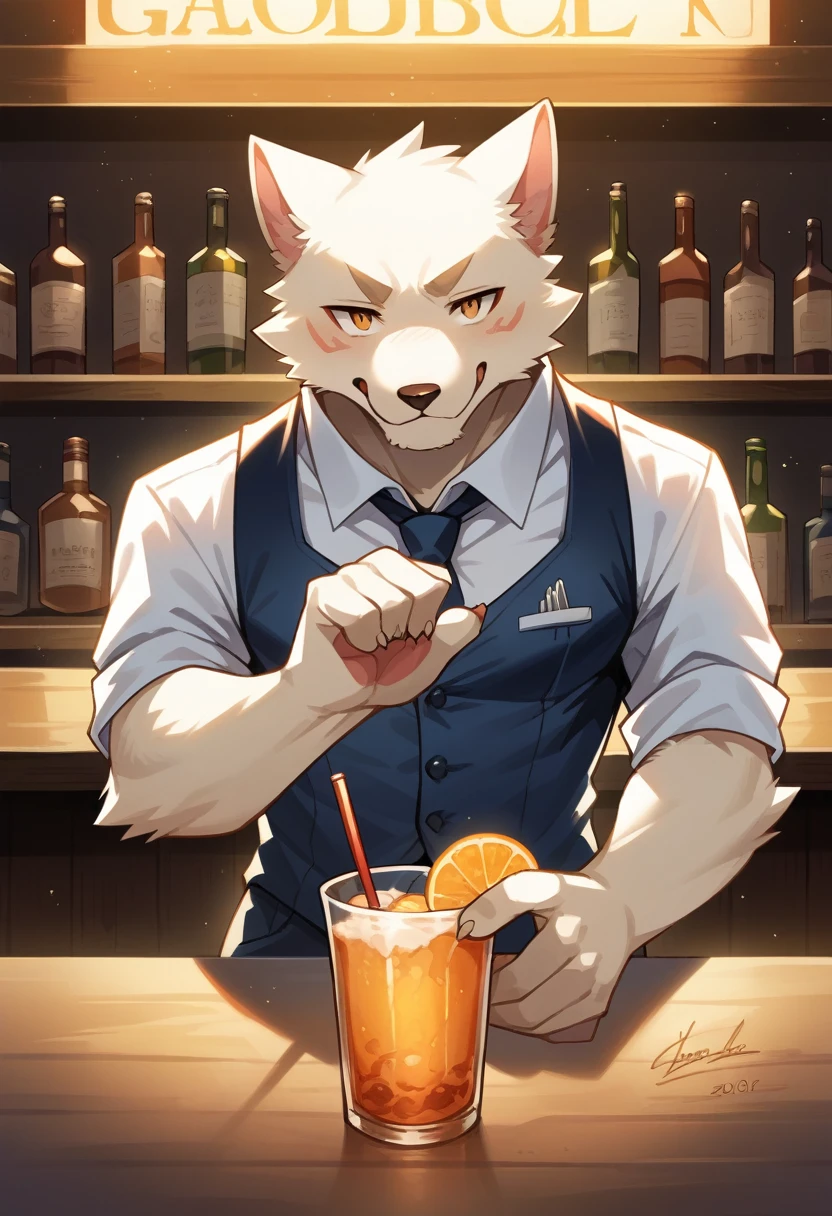 top quality, best quality, High-quality illustrations, masterpiece, super high resolution, detailed background, bartender, bar, cocktail, boy, absurdres(highly detailed beautiful face and eyes)perfect anatomy, expression, good lighting, cinematic shadow(kemono, furry anthro)assorted poses, dynamic angle,