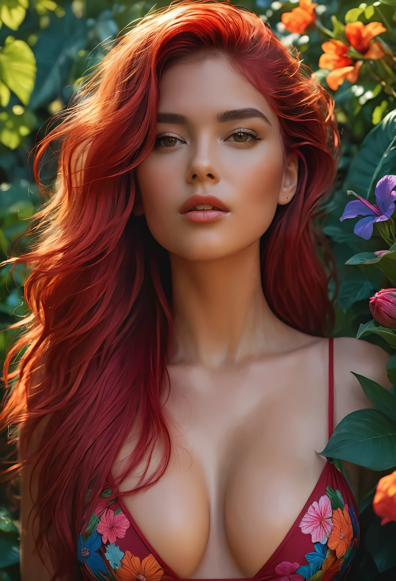 In this captivating scene, a vivacious girl with vibrant, colourful hair stands amidst a lush garden filled with exotic flowers. Her sexy outfit accentuates her slender, hourglass body and ample breasts, drawing attention to her enticing charm. With eyes that sparkle in the sunlight and lips painted a deep red, she radiates irresistible charm and sensuality. The garden, meticulously rendered with hyper-realistic detail, showcases the intricate textures of petals and leaves, while the vibrant colours add a touch of surrealism. Captured in stunning 8K resolution, every nuance is visible, from the strands of her hair to the lines of her face. Inspired by Russ Meyer's iconic films, the scene combines retro and modern elements, with colour gradation that heightens the excitement and sensuality. Soft lighting bathes her face in a warm glow, adding depth and dimension to the image. This (Hyper Realistic:1.5) (Masterpiece:1.5) promises a stunning visual experience, combining the finest materials and techniques to ignite the senses.

Translated with DeepL.com (free version)