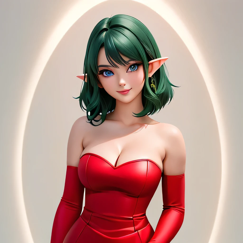 ((masterpiece,best quality,ultra-delicate,Perfect Face,16k,high resolution,very beautiful girl)),Medium short deep green hair:1.2, Red strapless bodycon tube dress ,Red long arm sleeves,red high heels,Elf Girl,large Breasts,blue eyes,Beautiful smile,20 years old