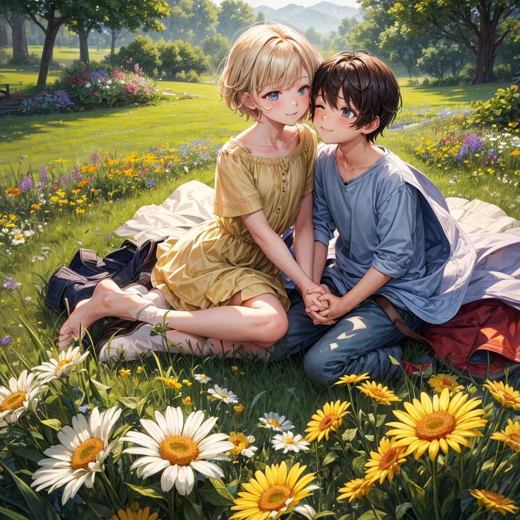 In the heart of a lush, vibrant meadow, two boys, approximately 10 to 12 years old, sit together on a blanket, surrounded by a tapestry of colorful wildflowers.  The painting is a celebration of innocence, joy and the beauty of childhood friendship.

 The boys, with their sun-kissed skin and bright, curious eyes, sit cross-legged, facing each other.  Their hands are intertwined, their fingers gently intertwined as if they share a secret.  Their faces are tilted toward each other, their eyes closed in a deep, loving gaze.

 The boy on the left, with messy brown hair, has a sweet smile on his face and his eyes shine with adoration.  The boy on the right, with a messy blonde haircut, has a more introspective expression, his eyes filled with quiet contentment.
