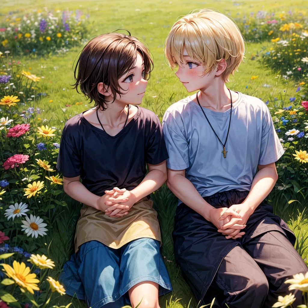 In the heart of a lush, vibrant meadow, two boys, approximately 10 to 12 years old, sit together on a blanket, surrounded by a tapestry of colorful wildflowers. The painting is a celebration of innocence, joy and the beauty of childhood friendship.
The boys, with their sun-kissed skin and bright, curious eyes, sit cross-legged, facing each other. Their hands are intertwined, their fingers gently intertwined as if they share a secret. Their faces are tilted toward each other, their eyes closed in a deep, loving gaze.
The boy on the left, with messy brown hair, has a sweet smile on his face and his eyes shine with adoration. The boy on the right, with a messy blonde haircut, has a more introspective expression, his eyes filled with quiet contentment.