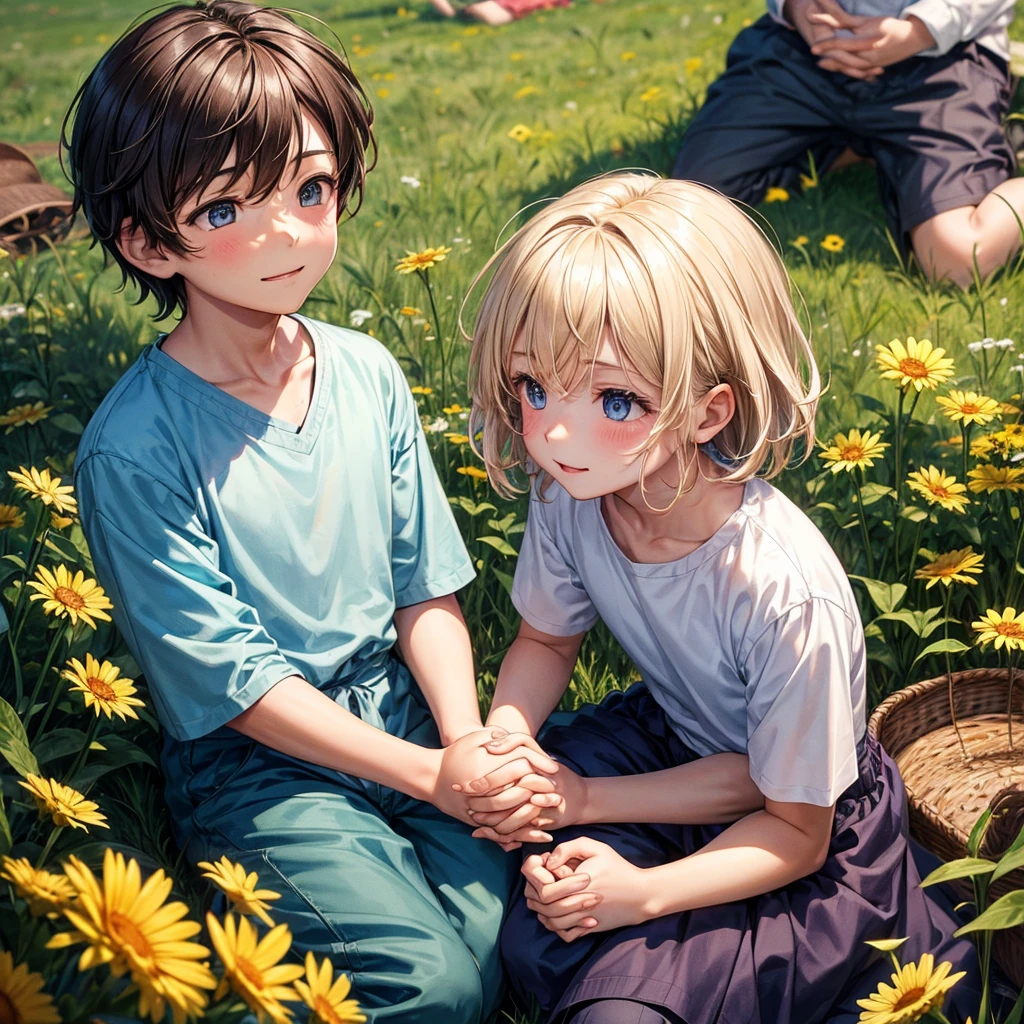 In the heart of a lush, vibrant meadow, two boys, approximately 10 to 12 years old, sit together on a blanket, surrounded by a tapestry of colorful wildflowers.  The painting is a celebration of innocence, joy and the beauty of childhood friendship.

 The boys, with their sun-kissed skin and bright, curious eyes, sit cross-legged, facing each other.  Their hands are intertwined, their fingers gently intertwined as if they share a secret.  Their faces are tilted toward each other, their eyes closed in a deep, loving gaze.

 The boy on the left, with messy brown hair, has a sweet smile on his face and his eyes shine with adoration.  The boy on the right, with a messy blonde haircut, has a more introspective expression, his eyes filled with quiet contentment.