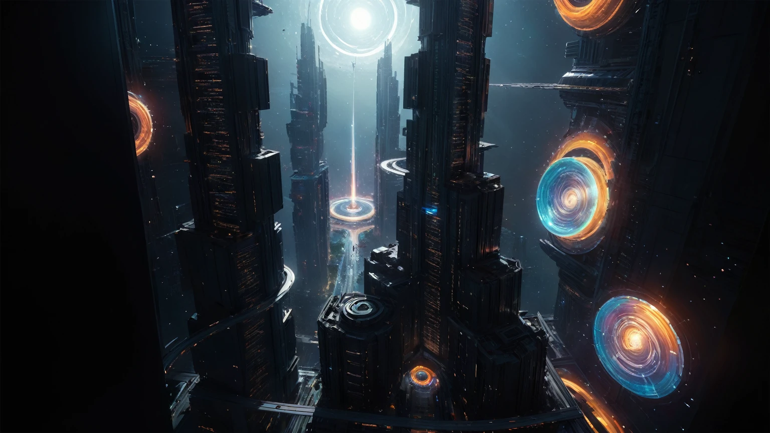 aerial view. brightly colored abstract image of a space station with a spiral, epic beautiful space scifi, chaotic cinematic space rift, greg beeple, planets colliding, beeple and tim hildebrandt, beeple and jean giraud, end of the universe, galaxy space sci-fi, ringworld, by Mike "Beeple" Winkelmann. Matrix style, (((((Matrix cascading code))))), (((((a futuristic twin tower skyscraper with a unique twisted design))))), (((((OLED GUI interfaces in the building))))), at night, (((((1girl, solo))))), photo realistic, (((large-:1.2 slim body, cleava((off broken mini sling-shirt and black sling bra, extreamly short pleated miniskirt exposing panty))), ((((ing pose))))), (((((matrix style black sunglasses))))), ((((((((((aiming with a short gun)))))))))), (((((looking at camera))))), (((very low view))), (((((half-body thigh level medium shot))))), (((cinematic lighting))).