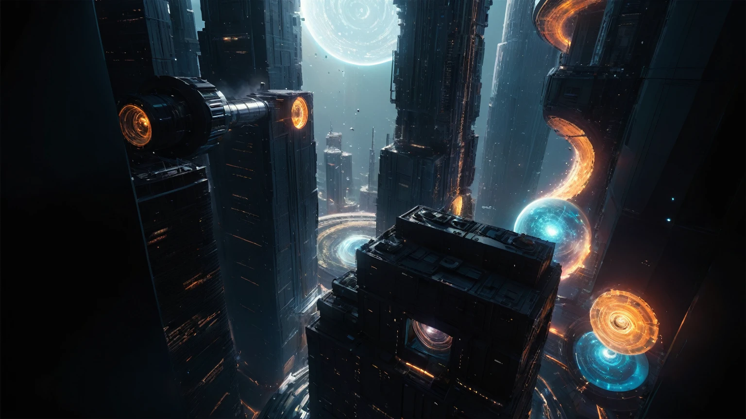 aerial view. brightly colored abstract image of a space station with a spiral, epic beautiful space scifi, chaotic cinematic space rift, greg beeple, planets colliding, beeple and tim hildebrandt, beeple and jean giraud, end of the universe, galaxy space sci-fi, ringworld, by Mike "Beeple" Winkelmann. Matrix style, (((((Matrix cascading code))))), (((((a futuristic twin tower skyscraper with a unique twisted design))))), (((((OLED GUI interfaces in the building))))), at night, (((((1girl, solo))))), photo realistic, (((large-breast:1.2 slim body, cleavage))), (((off broken mini sling-shirt and black sling bra, extreamly short pleated miniskirt exposing panty))), (((((running pose))))), (((((matrix style black sunglasses))))), ((((((((((aiming with a short gun)))))))))), (((((looking at camera))))), (((very low view))), (((((half-body thigh level medium shot))))), (((cinematic lighting))).