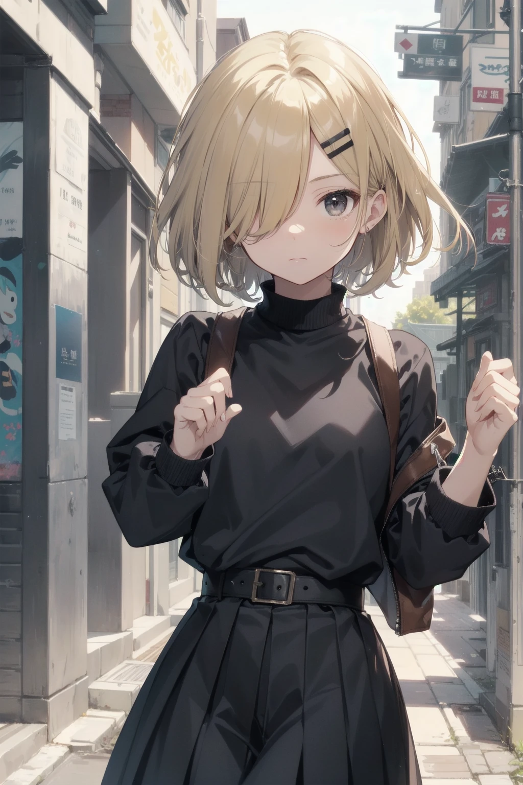 Highest quality, Anime Moe Art Style,Best Anime 8K Konachan Wallpaper,pixiv contest winners,Perfect Anatomy, (Please draw a girl walking sleepily to school....... ),break, 1 Girl, (alone,,,13 years old:1.3),high school student, short hair, amount, (Hair above one eye:1.7),All limbs, Full Finger,Medium Chest, Between the legs, Small eyes,accurate black eyes, Very detailed,High resolution,Ultra-Dense Skin, Professional Lighting,8K eye detail, (Cute illustrations:1.2),blonde，blonde hair，Expressionless，(Hair on one eye:1.5)，Highest quality, Anime Moe Art Style,Best Anime 8K Konachan Wallpaper,pixiv contest winners,Very detailed,High resolution,Ultra-Dense Skin, Professional Lighting,8K eye detail, (Cute illustrations:1.2),blonde，blonde hair，Expressionless，(Hair on one eye:1.5),カラフルでカラフルなshort hair，Wearing a yellow apricot colored JK uniform and a white pleated skirt，knee-length white silk，Also々New and cute，A little sweet