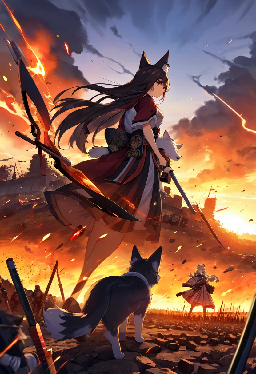 novel illustration, cover page, highres, top quality, best quality, paid reward available, unparalleled masterpiece, perfect artwork, absurdres, High-quality illustrations, super high resolution, detailed background, perfect anatomy(1girl, kemono, furry anthro)dramatic duel between 2girls, set in a battlefield during the Warring States period of Japan, illuminated by the setting sun, with a sense of intensity and determination emanating from the characters, fierce expression, flash of steel, calm and focused expression, war-torn landscape, with burning buildings and fallen warriors in the distance, tense and dramatic, with a sense of fate hanging in the balance,