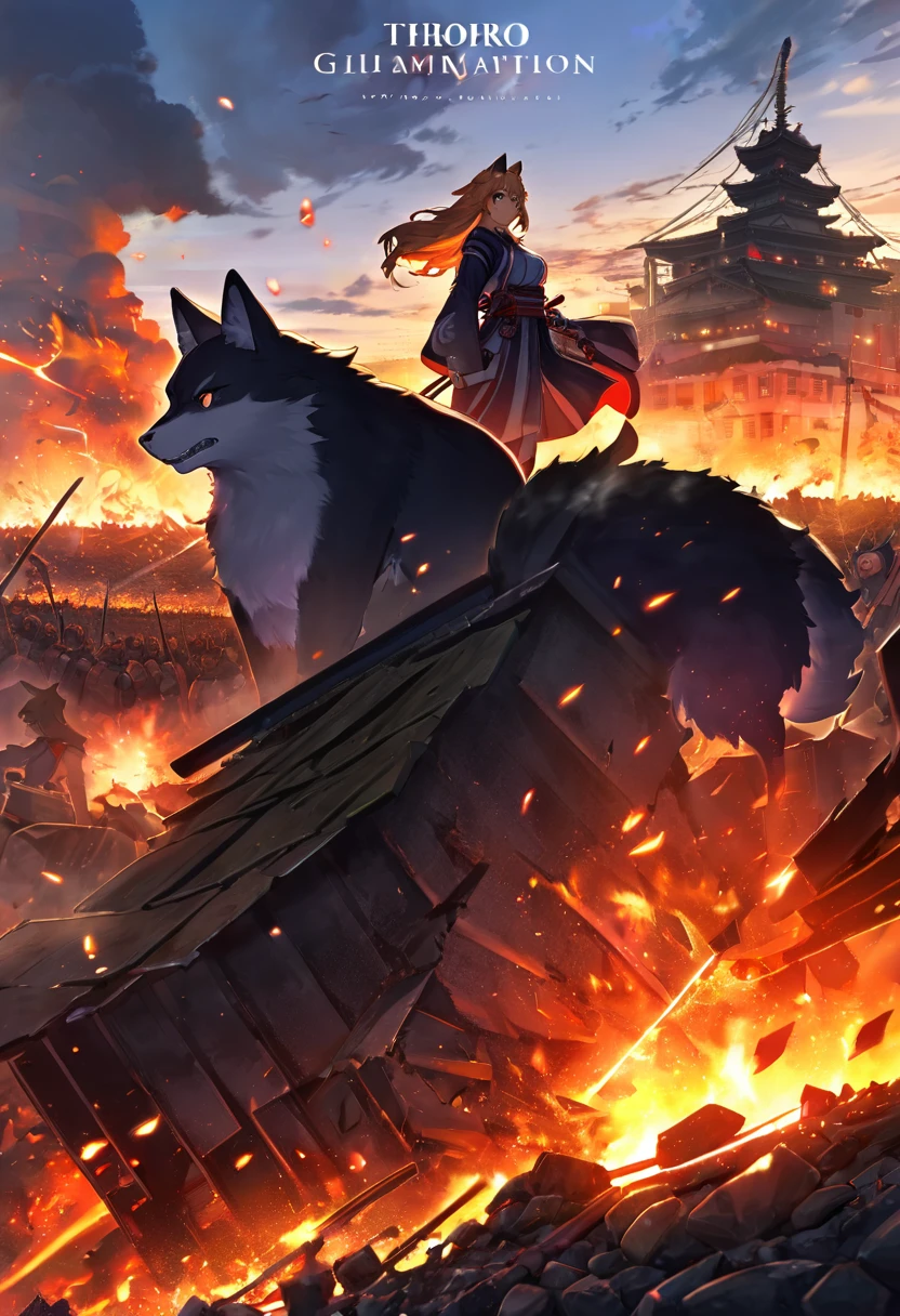 novel illustration, cover page, highres, top quality, best quality, paid reward available, unparalleled masterpiece, perfect artwork, absurdres, High-quality illustrations, super high resolution, detailed background, perfect anatomy(1girl, kemono, furry anthro)dramatic duel between 2girls, set in a battlefield during the Warring States period of Japan, illuminated by the setting sun, with a sense of intensity and determination emanating from the characters, fierce expression, flash of steel, calm and focused expression, war-torn landscape, with burning buildings and fallen warriors in the distance, tense and dramatic, with a sense of fate hanging in the balance,