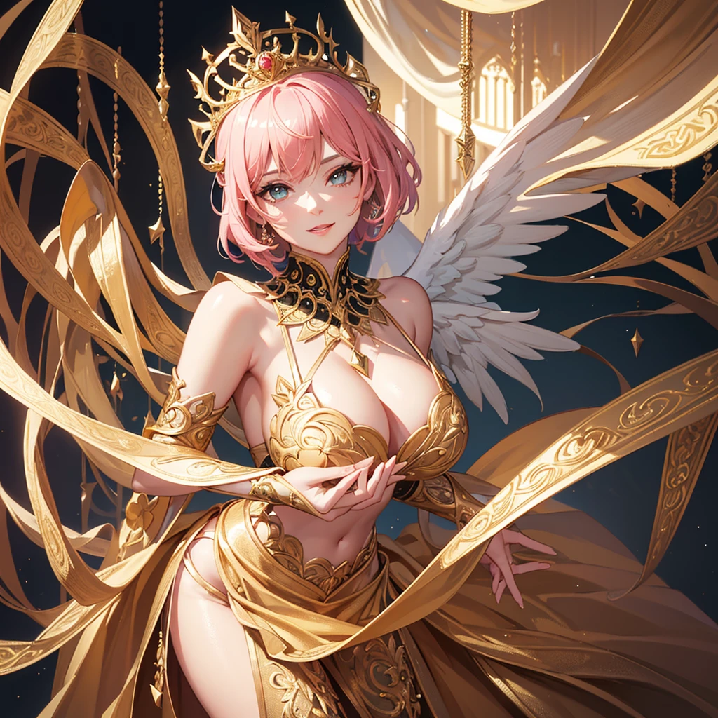 a beautiful woman with short pink hair, wearing a crown, a black and gold dress, angel wings, smiling and glowing, a queen, ultra-detailed, (best quality,8k,highres,masterpiece:1.2),extremely detailed face and eyes, beautiful detailed lips, longeyelashes, elegant pose, dramatic lighting, cinematic, fantasy, intricate details, rich colors, warm lighting, photorealistic, award-winning digital art