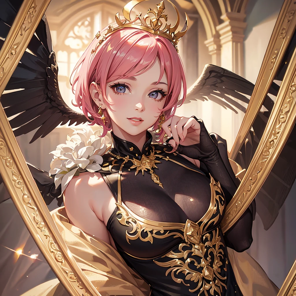 a beautiful woman with short pink hair, wearing a crown, a black and gold dress, angel wings, smiling and glowing, a queen, ultra-detailed, (best quality,8k,highres,masterpiece:1.2),extremely detailed face and eyes, beautiful detailed lips, longeyelashes, elegant pose, dramatic lighting, cinematic, fantasy, intricate details, rich colors, warm lighting, photorealistic, award-winning digital art